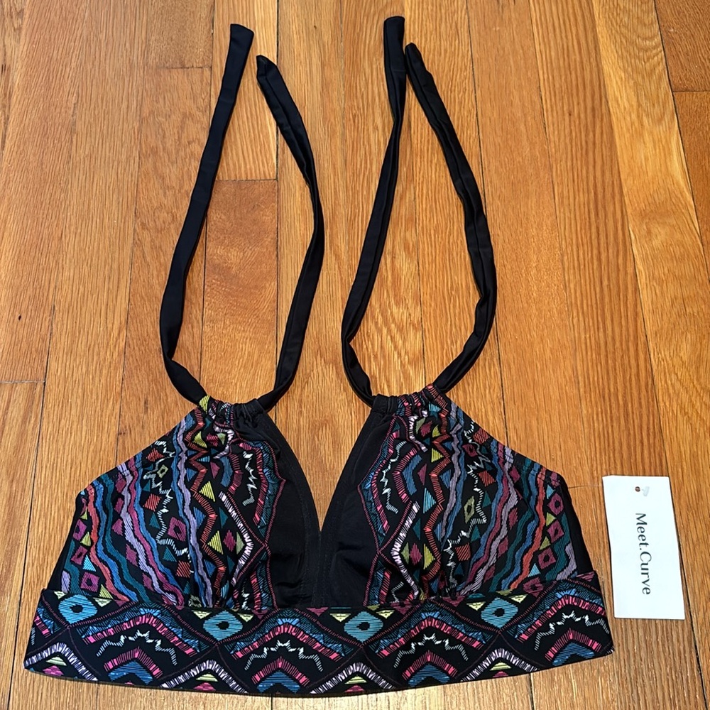 NWT Meet.Curve black & multicolored print halter top bikini top